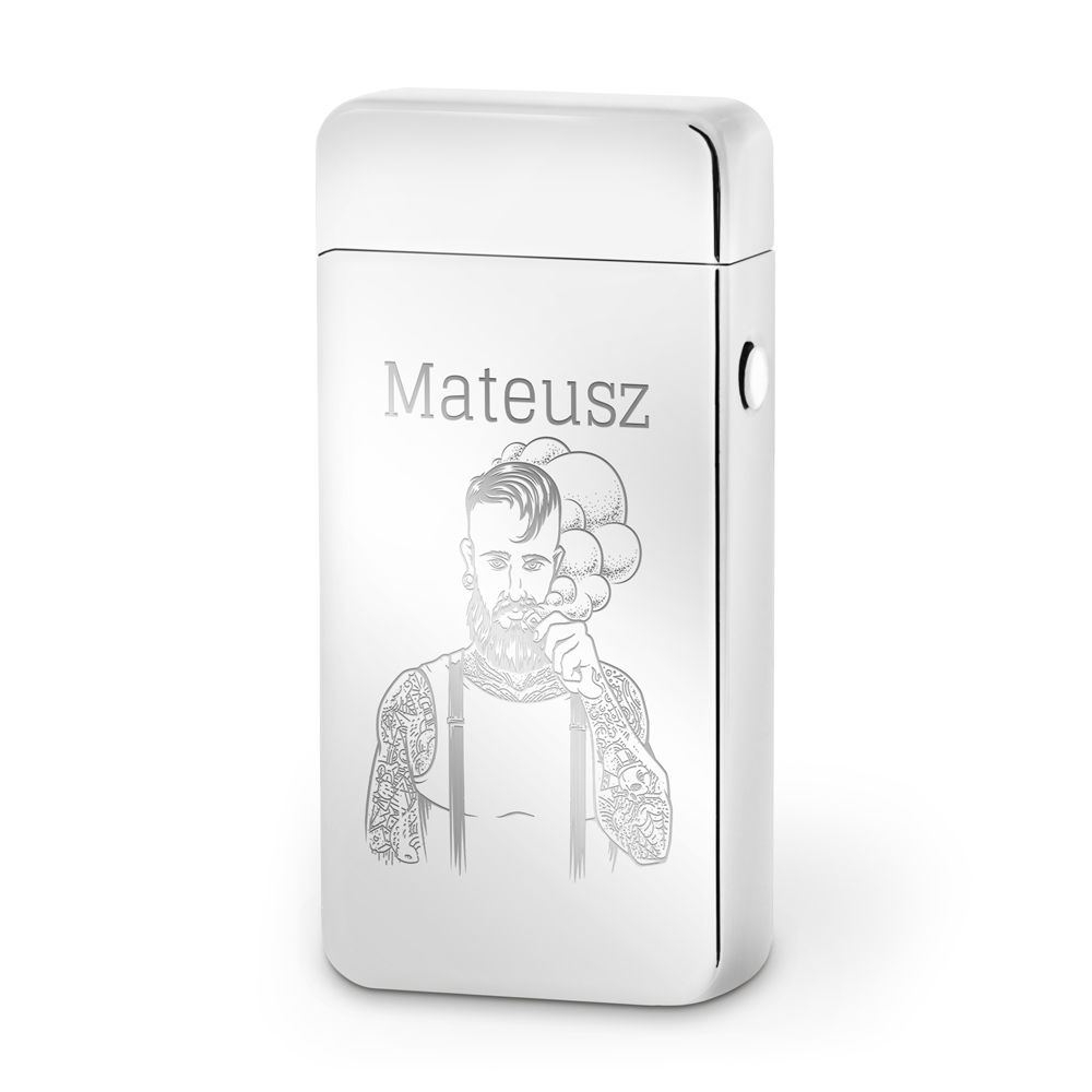 Zapalniczka plazmowa srebrna USB z grawerem dla tatuaysty brodacza drwala
