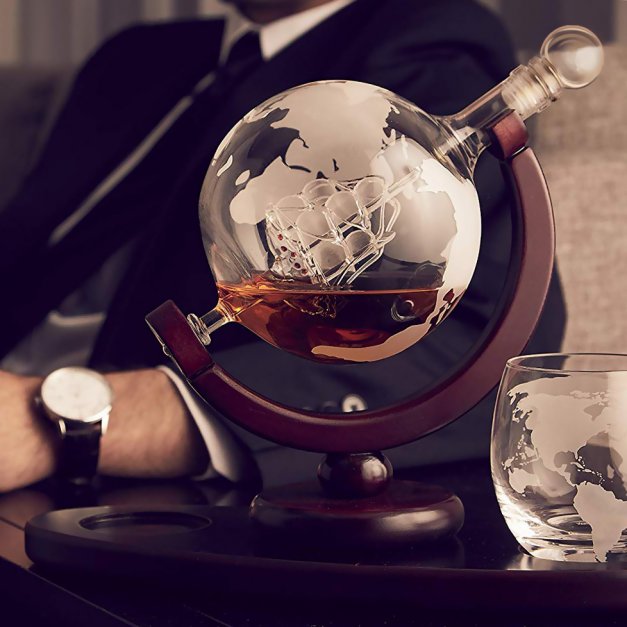 Karafka szklana globus zestaw do whisky szklanki x2 z grawerem dla ministra na urodziny
