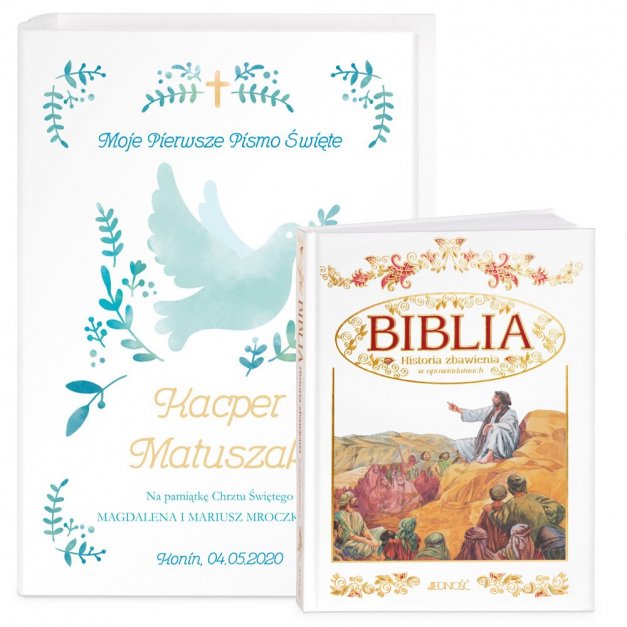 Biblia w etui z nadrukiem dla chłopca na chrzest