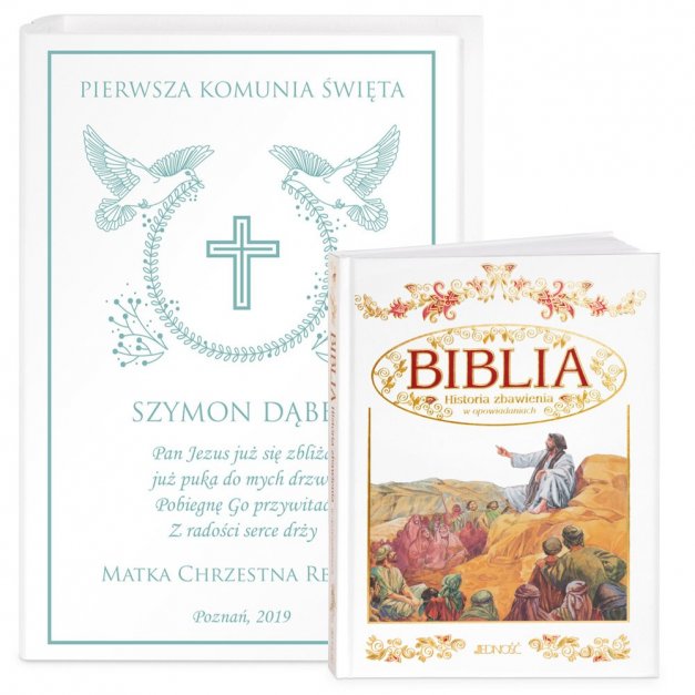 Biblia w etui z nadrukiem dla chłopca na komunię