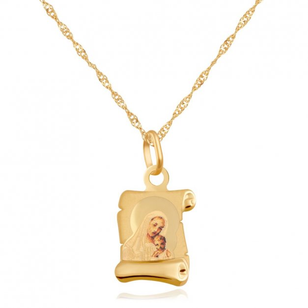 Złoty Medalik 333 Matka Boska na Papirusie Kolor Łańcuszek Grawer