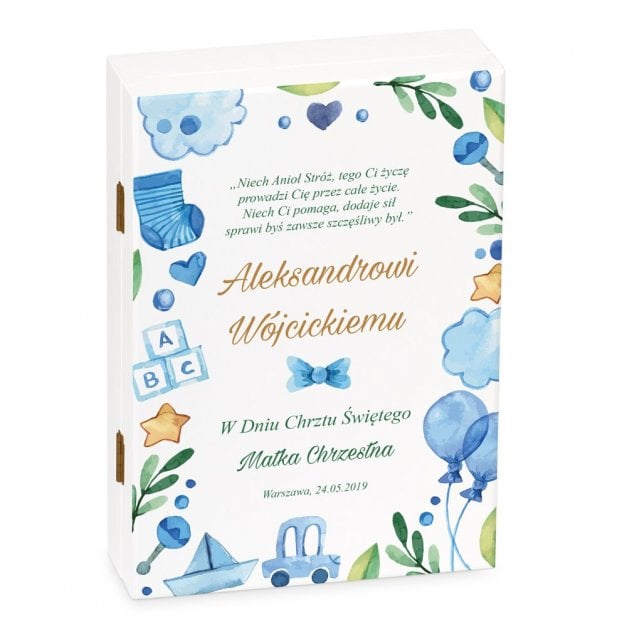 Sztućce dla dzieci zestaw w drewnianym etui z nadrukiem dla chłopca na chrzest od matki chrzestnej