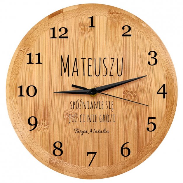 Zegar ścienny bambusowy z nadrukiem dla chłopaka męża