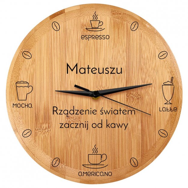 Zegar ścienny bambusowy z nadrukiem dla kawosza