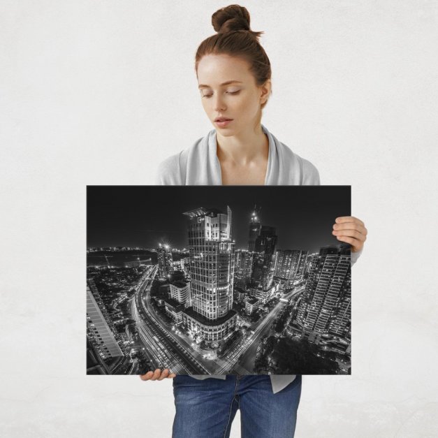 Plakat metalowy czarno białe miasto L
