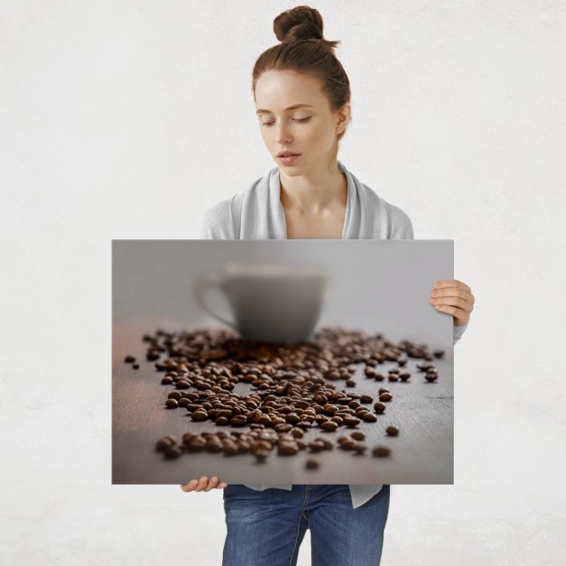 Plakat metalowy filiżanka kawy z ziarnami L