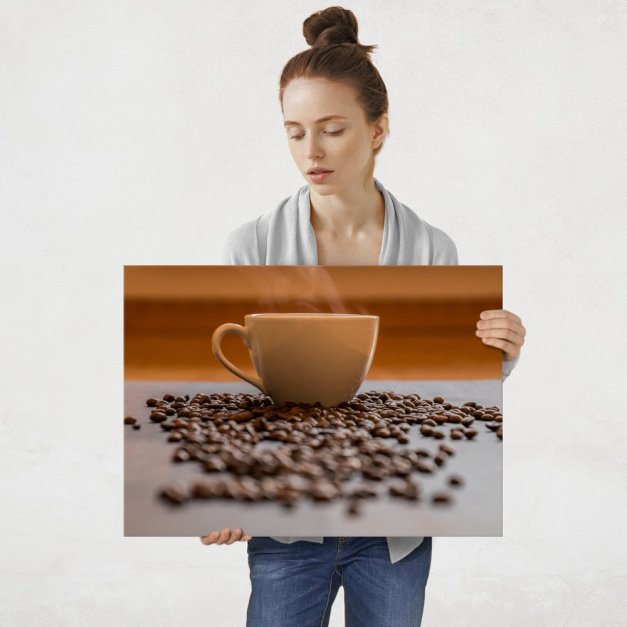 Plakat metalowy filiżanka kawy z ziarnami L