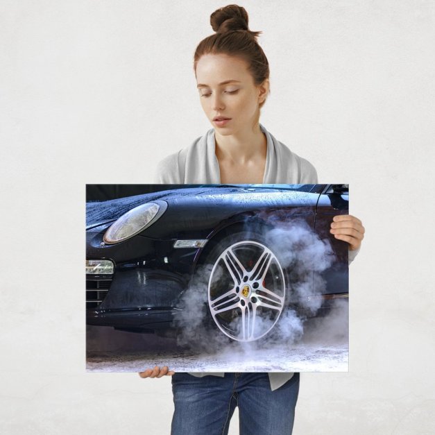 Plakat metalowy dym z czarnego Porsche L