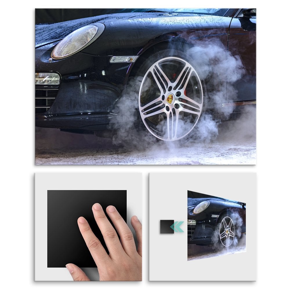 Plakat metalowy dym z czarnego Porsche L
