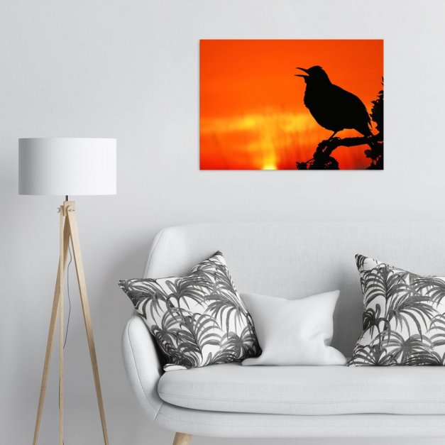 Plakat metalowy sylwetka ptaka na tle zachodzącego słońca L