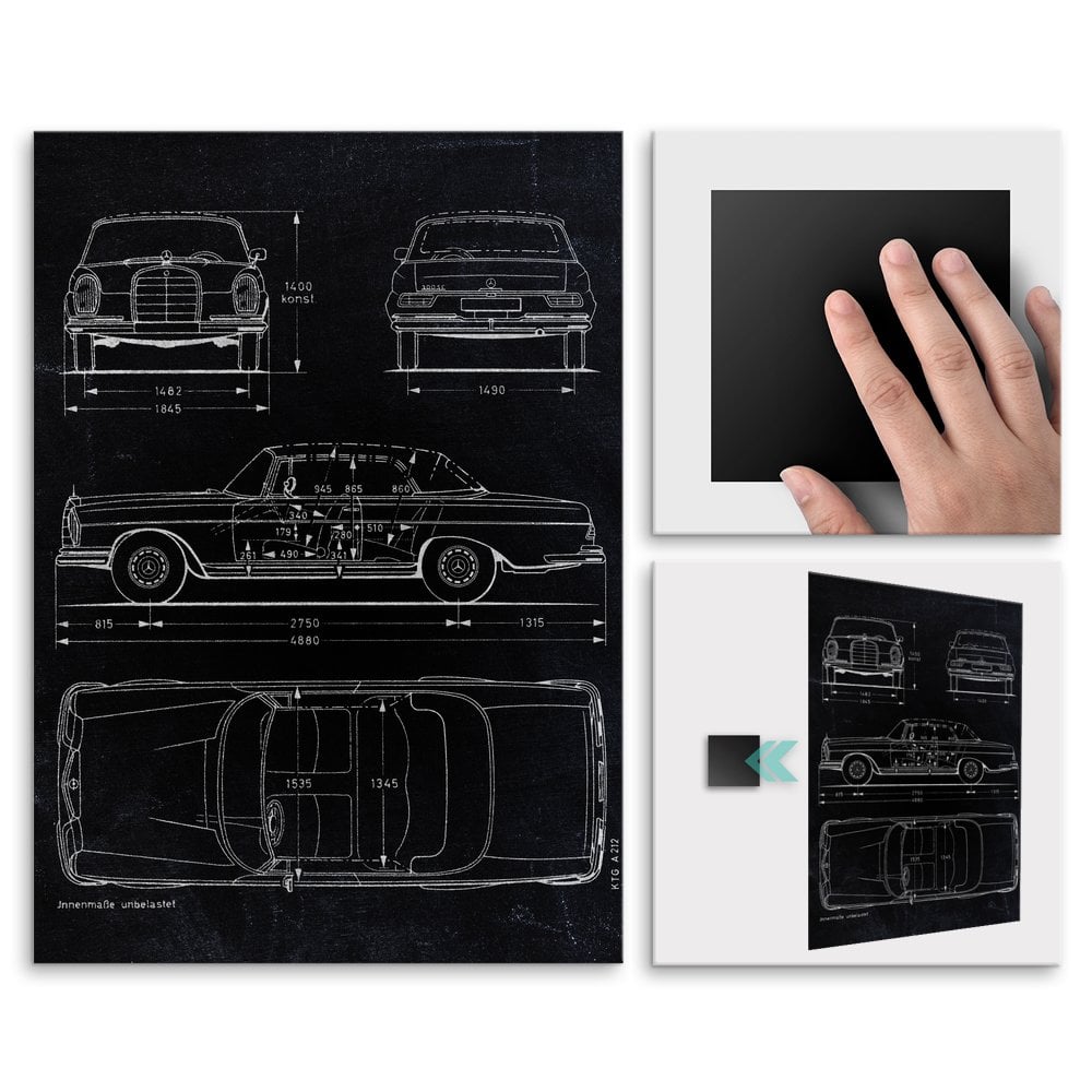 Plakat metalowy czarny projekt samochodu Mercedes W111 coupe M