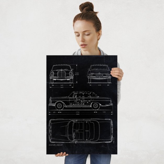 Plakat metalowy czarny projekt samochodu Mercedes W111 coupe L