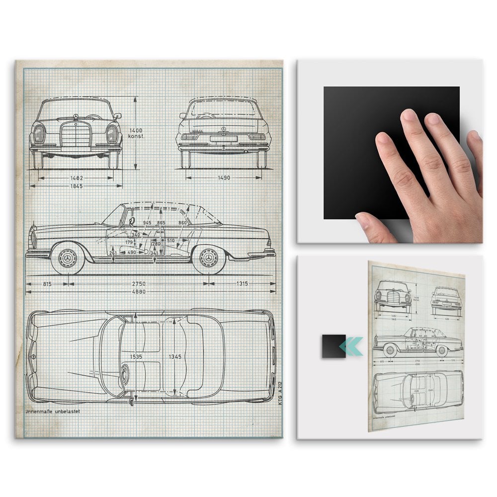 Plakat metalowy projekt samochodu Mercedes W111 coupe na papierze w kratke M