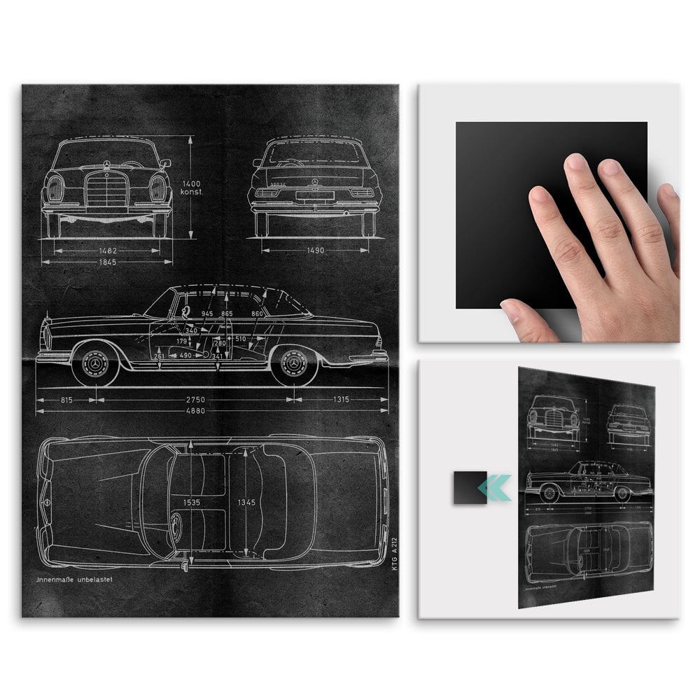 Plakat metalowy projekt samochodu Mercedes W111 coupe na czarnym papierze M
