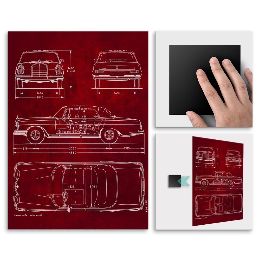Plakat metalowy projekt samochodu Mercedes W111 coupe na czerwonym papierze L