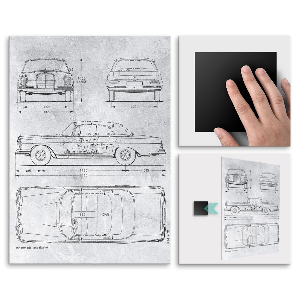 Plakat metalowy projekt samochodu Mercedes W111 coupe na szarym papierze M