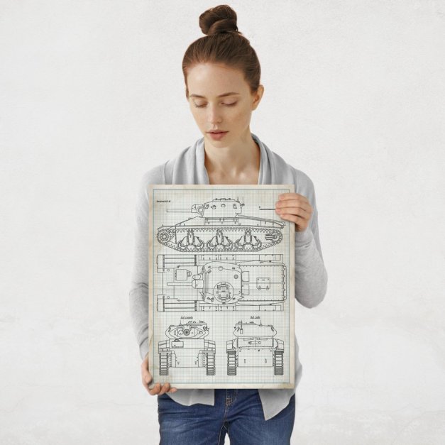 Plakat metalowy projekt czołgu Sentinel AC III na papierze w kratke M