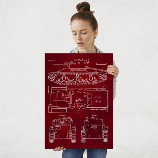Plakat metalowy projekt czołgu Sentinel AC III na czerwonym papierze L
