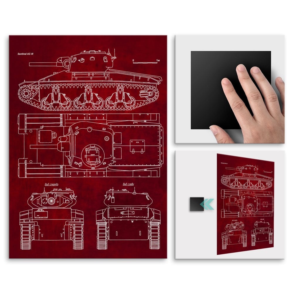 Plakat metalowy projekt czogu Sentinel AC III na czerwonym papierze L