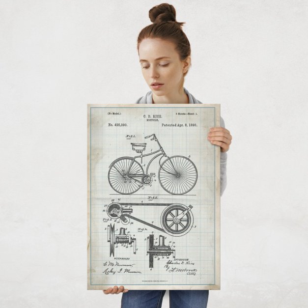 Plakat metalowy projekt patentu rowera na papierze w kratke L