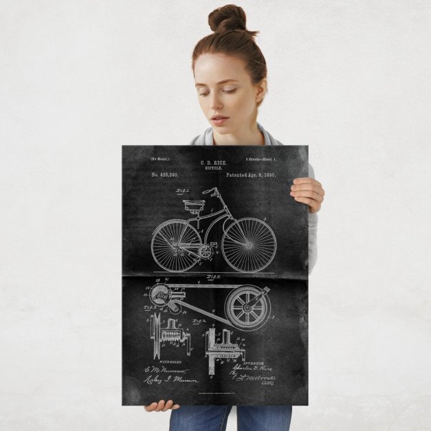 Plakat metalowy projekt patentu rowera na czarnym papierze L