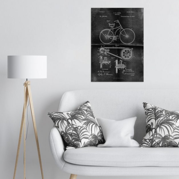 Plakat metalowy projekt patentu rowera na czarnym papierze L