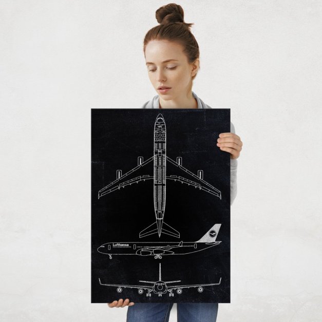 Plakat metalowy czarny projekt samolotu Lufthansa L