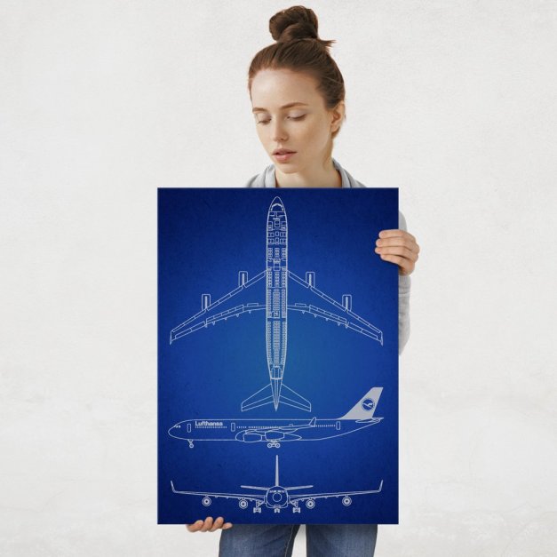 Plakat metalowy granatowy projekt samolotu Lufthansa L