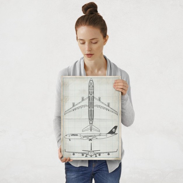Plakat metalowy projekt samolotu Lufthansa na papierze w kratkę M