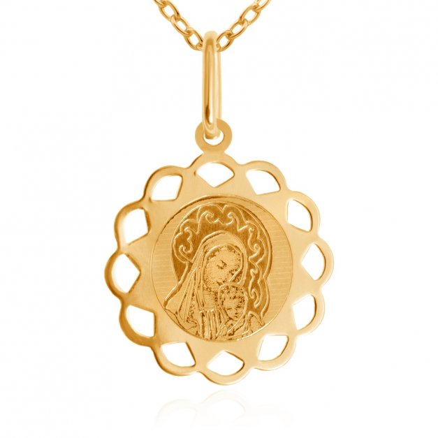 Złoty Medalik 333 Matka Boska z Dzieciątkiem Łańcuszek Grawer