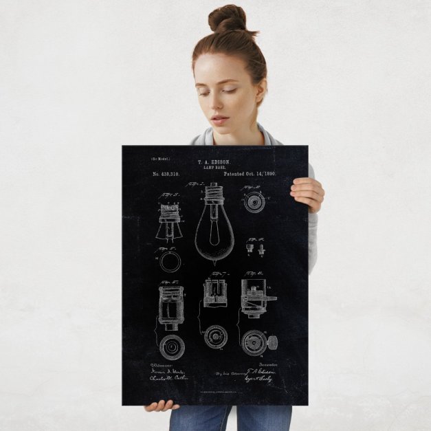 Plakat metalowy czarny projekt patentu żarówki Edisona L