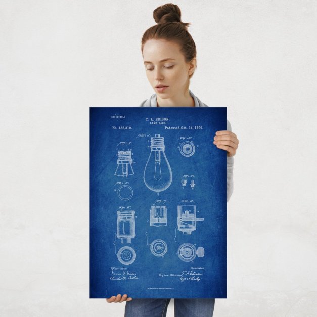 Plakat metalowy niebieski projekt patentu żarówki Edisona L