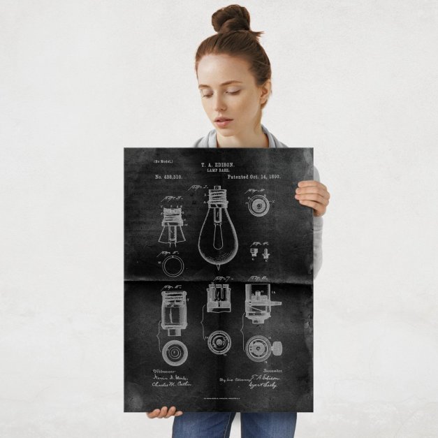 Plakat metalowy projekt patentu żarówki Edisona na czarnym papierze L