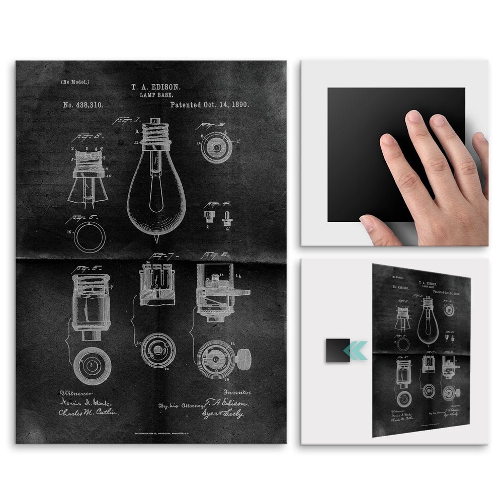 Plakat metalowy projekt patentu arwki Edisona na czarnym papierze L