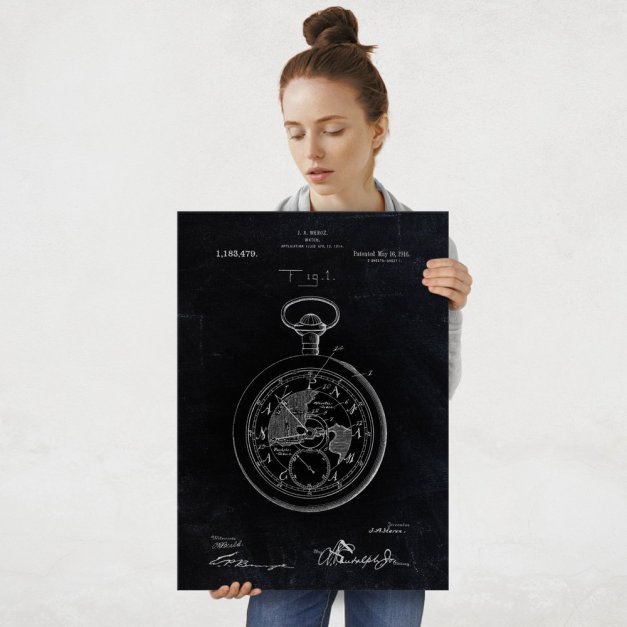 Plakat metalowy czarny projekt patentu zegarka kieszonkowego L