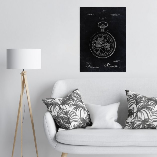 Plakat metalowy czarny projekt patentu zegarka kieszonkowego L