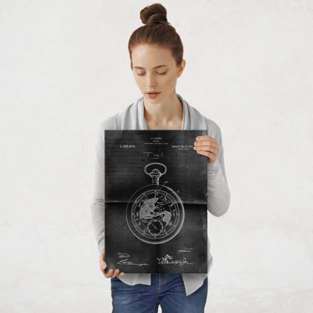 Plakat metalowy projekt patentu zegarka kieszonkowego na czarnym papierze M