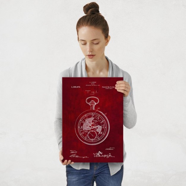 Plakat metalowy czerwony projekt patentu zegarka kieszonkowego M