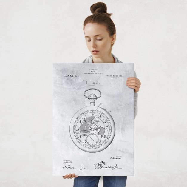 Plakat metalowy szary projekt patentu zegarka kieszonkowego L