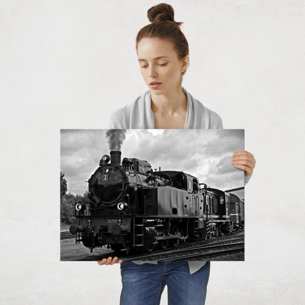 Plakat metalowy czarno-biała lokomotywa L
