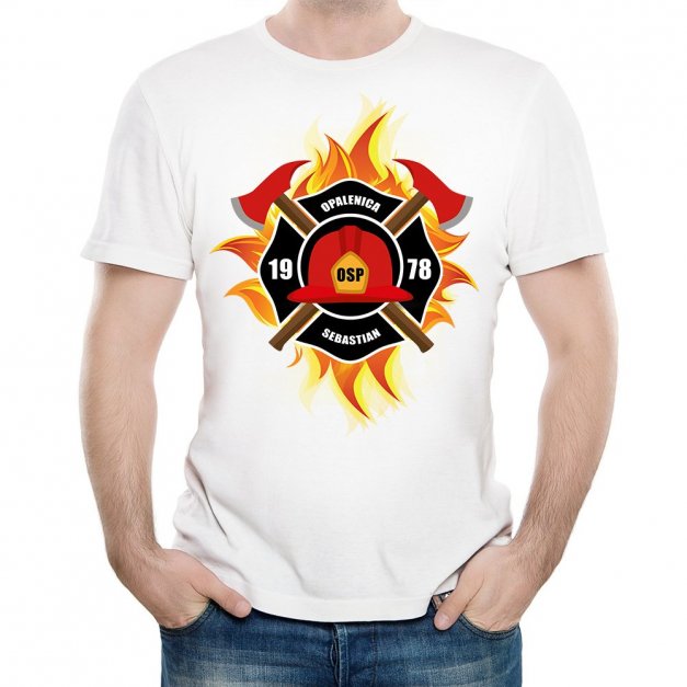 Koszulka męska biała z nadrukiem dla strażaka na urodziny