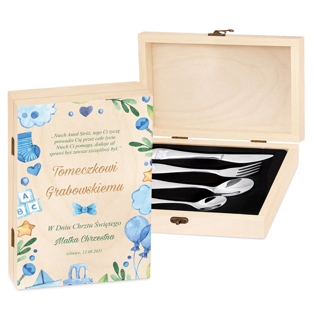 Sztuce grawerowane Auta w etui z nadrukiem dla chopca na chrzciny