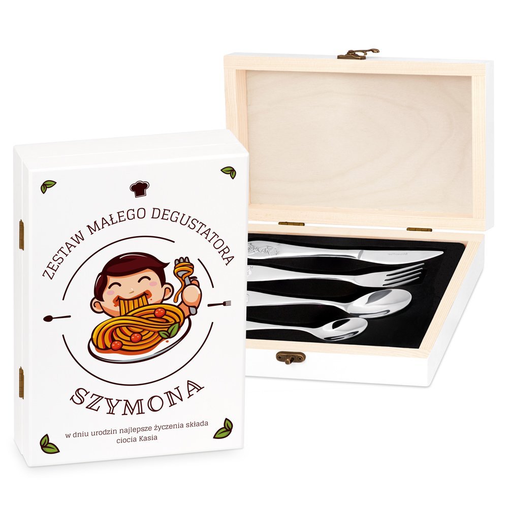 Sztuce grawerowane Kraina lodu w etui z nadrukiem dla chopca na roczek