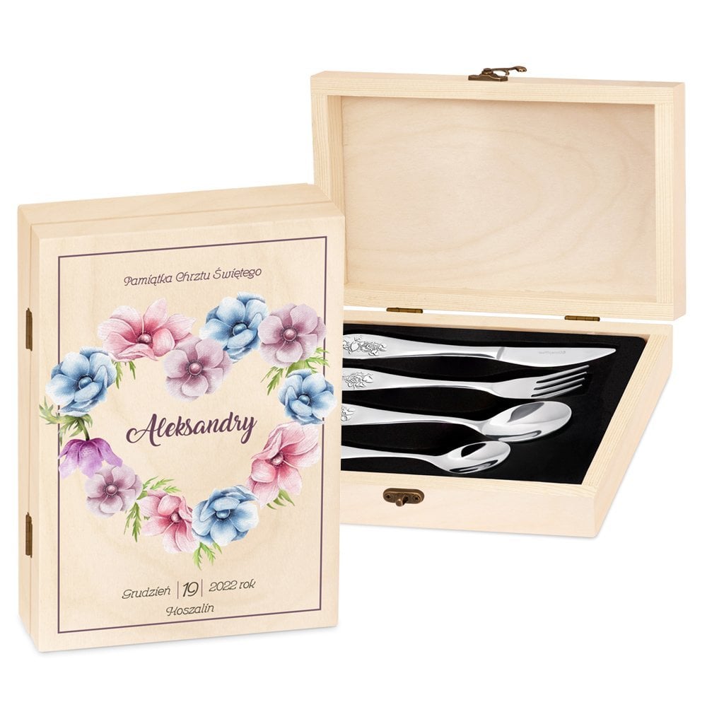 Sztuce grawerowane Disney Myszka Minne w etui z nadrukiem dla dziewczynki na chrzest