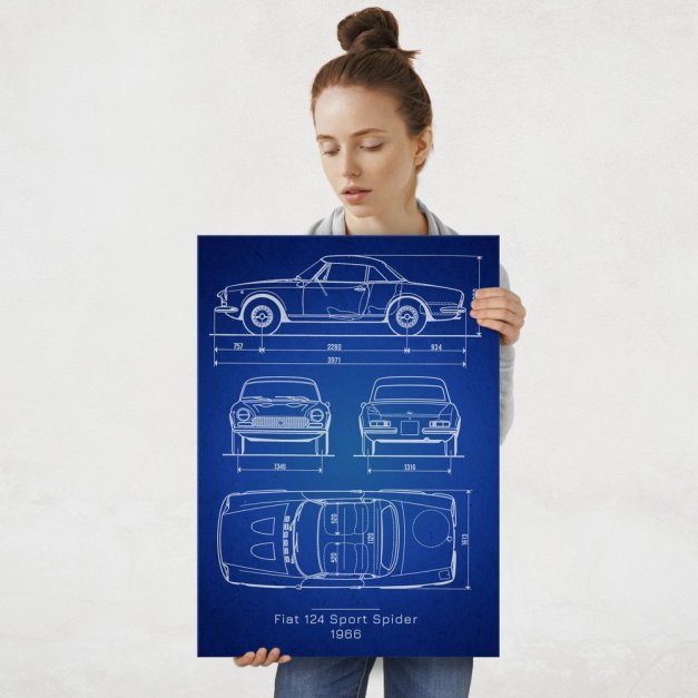 Plakat metalowy Fiat 124 Sport Spider Projekt Blueprint L