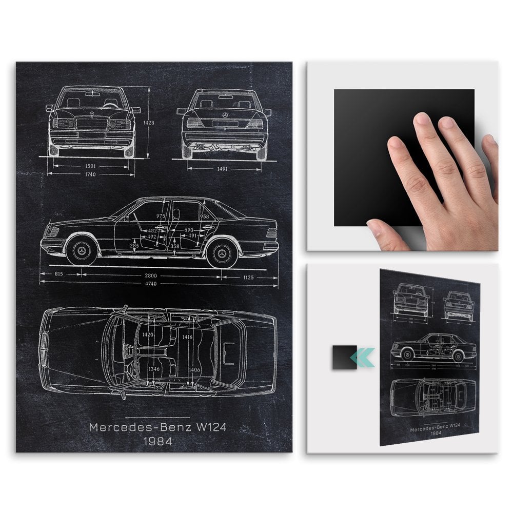 Plakat metalowy Mercedes-Benz W124 Projekt Blackboard L