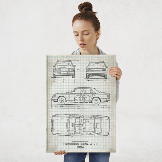 Plakat metalowy Mercedes-Benz W124 Projekt Vintage L