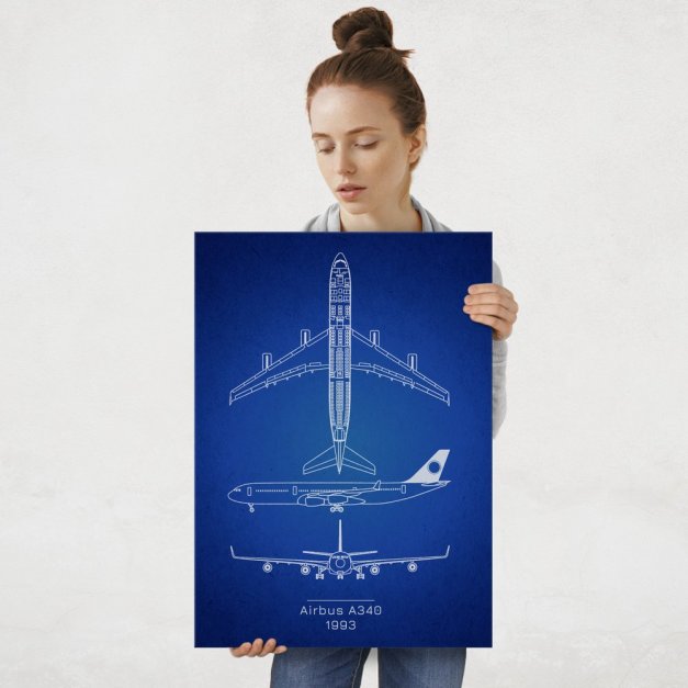 Plakat metalowy Airbus A340 Projekt Blueprint L