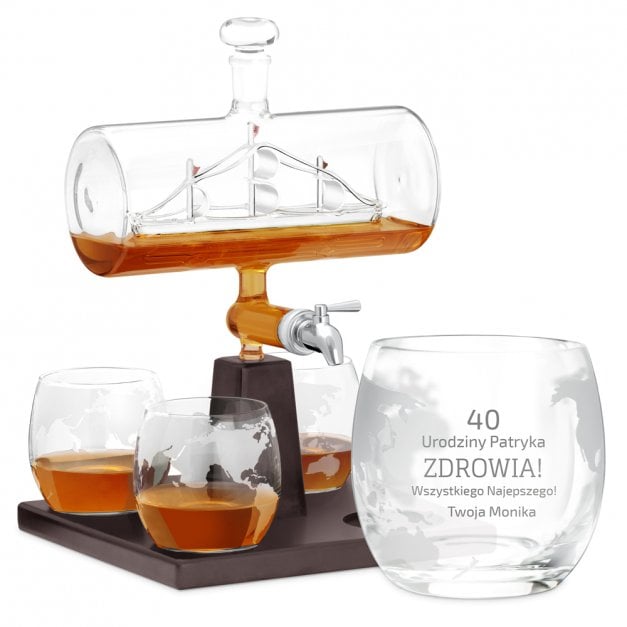 Zestaw do whisky karafka statek szklanki x4 grawer dla niego na 40 urodziny