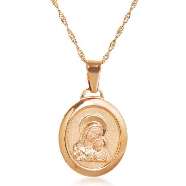 Złoty Medalik 585 Matka Boska z Łańcuszkiem Owal Grawer